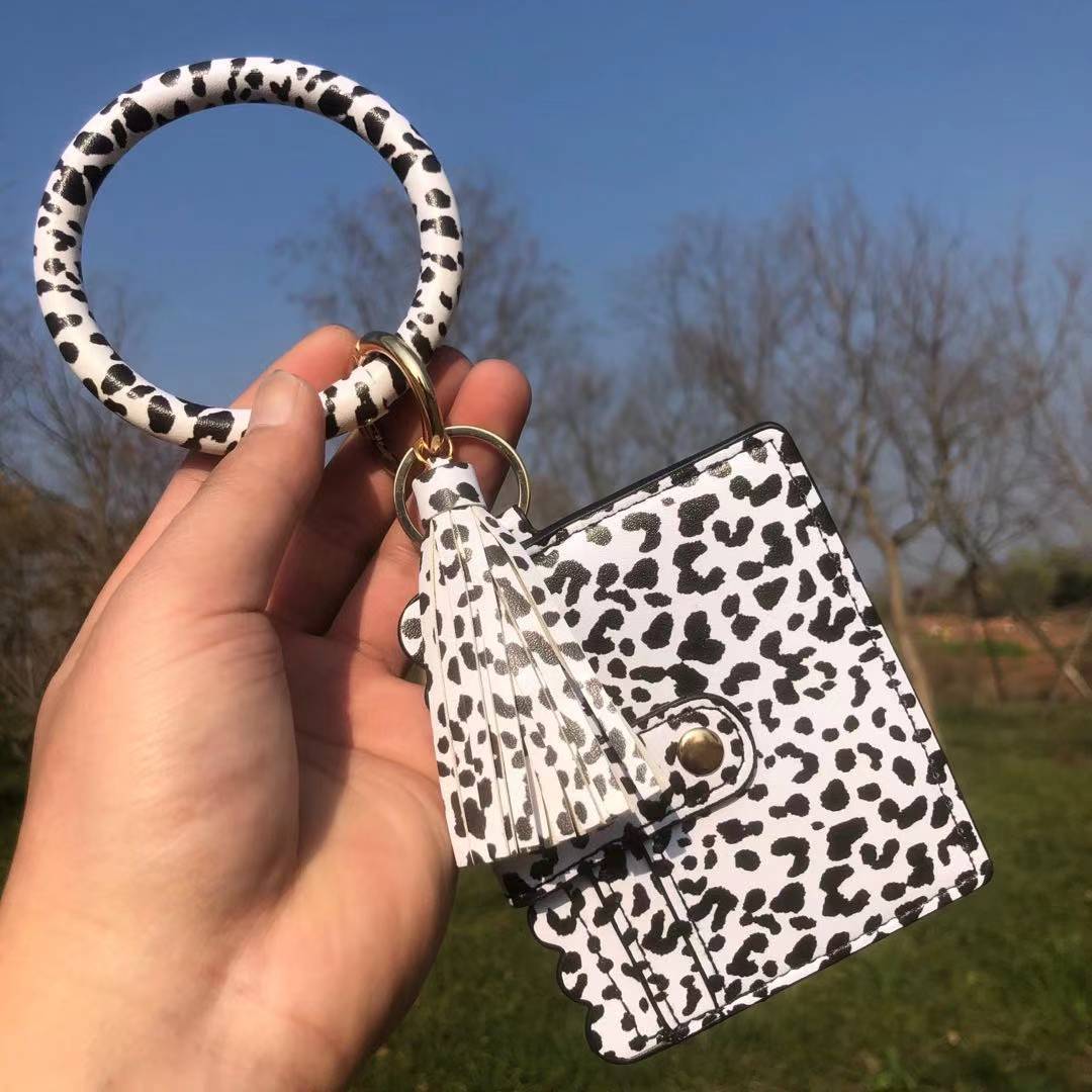 Wholesale Leopard Print PU Leather Tassel Bracelet Coin Purse Keychain